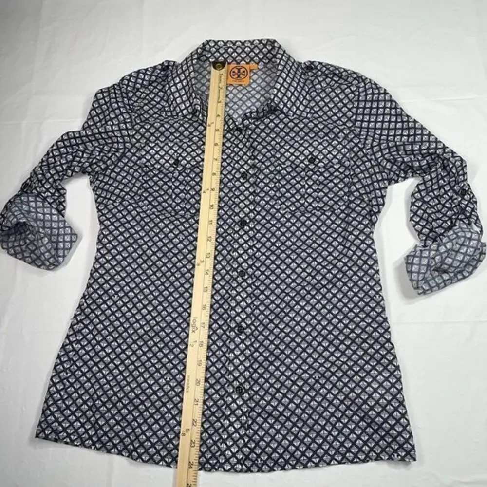 Tory Burch Blouse‎ Top Blue White Square Signature T Cotton Shirt Size 4